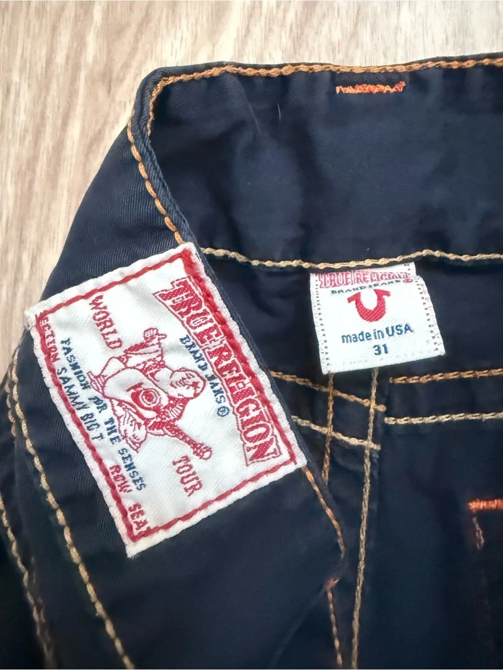 TRUE RELIGION “Big T” Flare Mid Rise Jeans Navy 31 Made in the USA